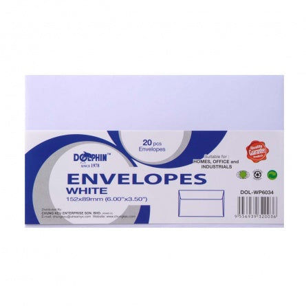 Dolphin White Envelope 6" x 3.5" (20pcs/pack) DOL-WP6034