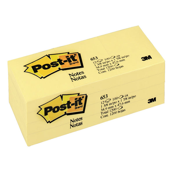 3M Post-It Notes 1-1/2'' x 2'' Yellow 653 - 12 Pads